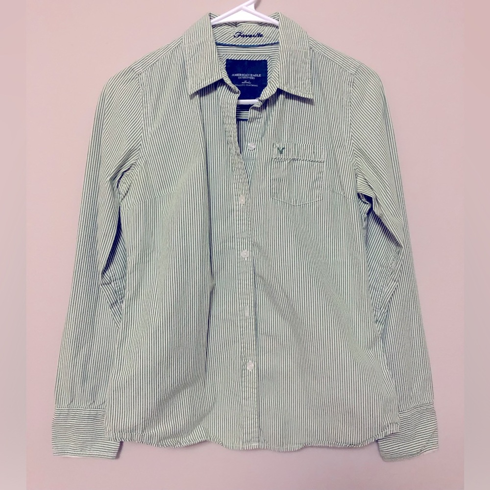 American Eagle Outfitters “Favorite” Button Down, Green & White Striped